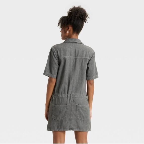 Universal Threads Short Sleeve Drop Waist Drawstring Mini Dress Black Gray Denim - Picture 2 of 7
